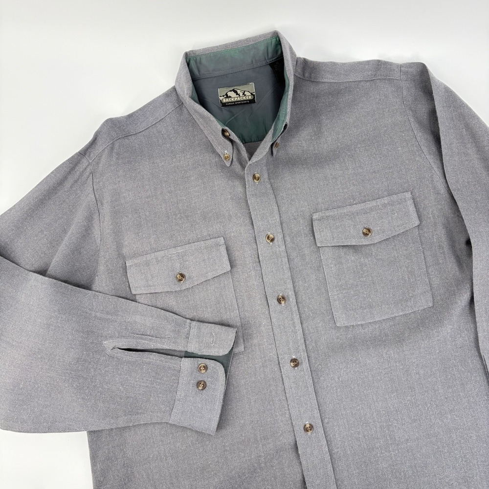 Vtg Backpacker Classic Sport Shirt Heavy Flannel Men's XL Work‎ Gray Button Down